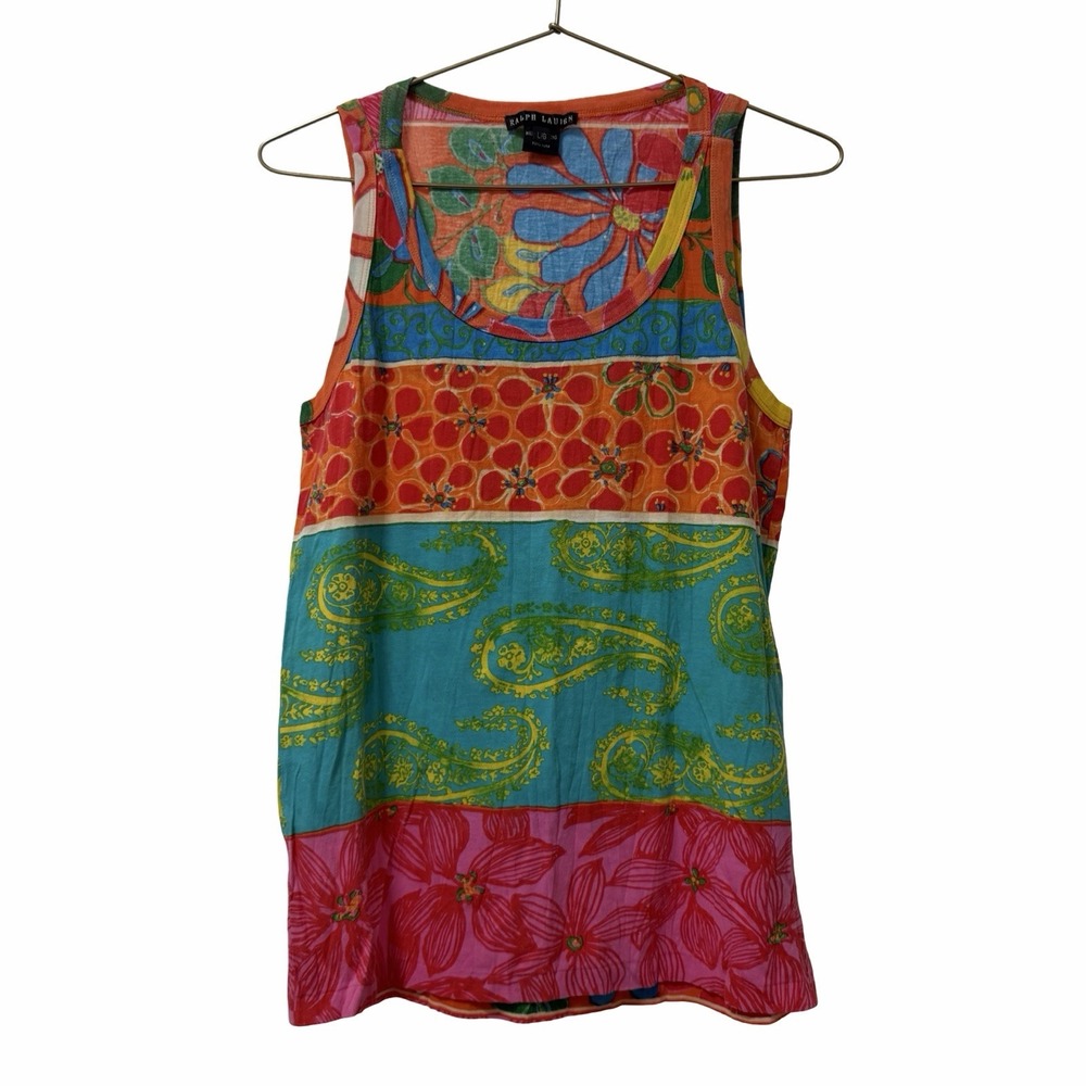 Vintage Ralph Lauren Womens Colorful Paisley Tank Top Size L Tropical RARE